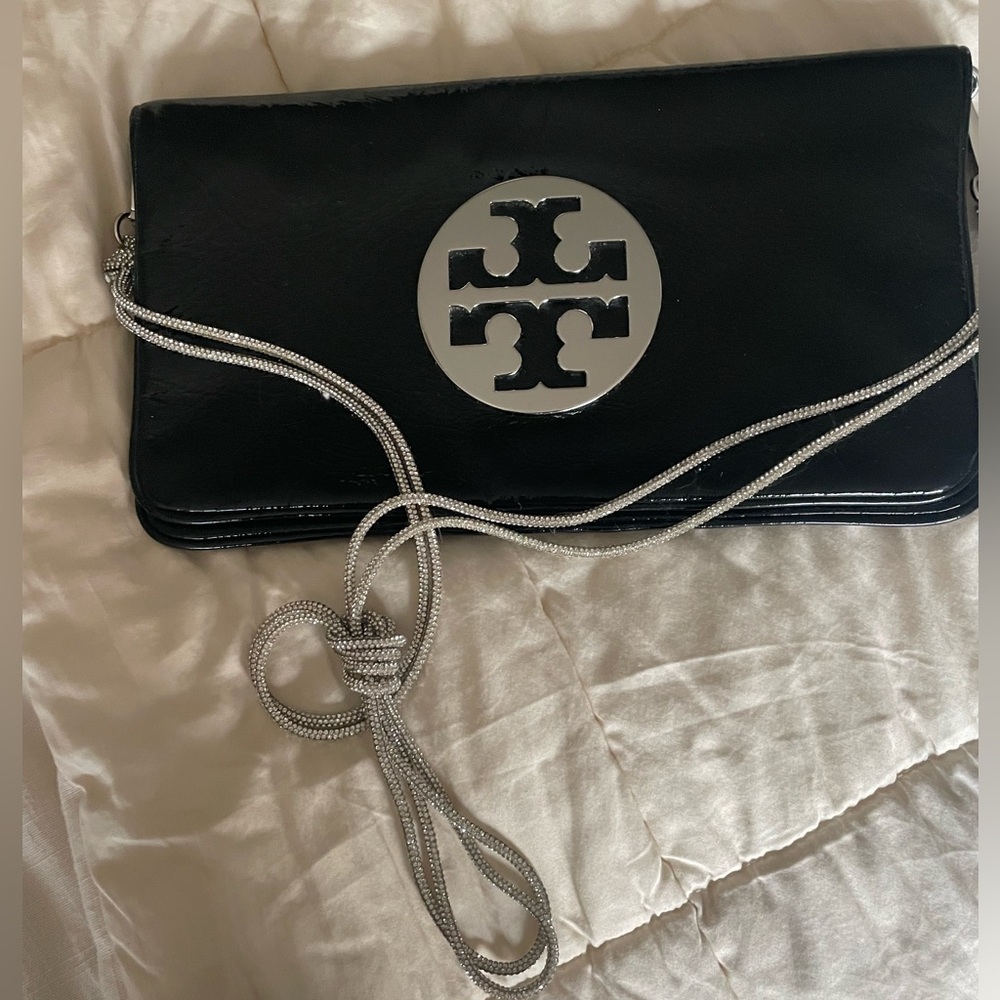 Tory Burch Black Leather Clutch with Silver Logo and Strap